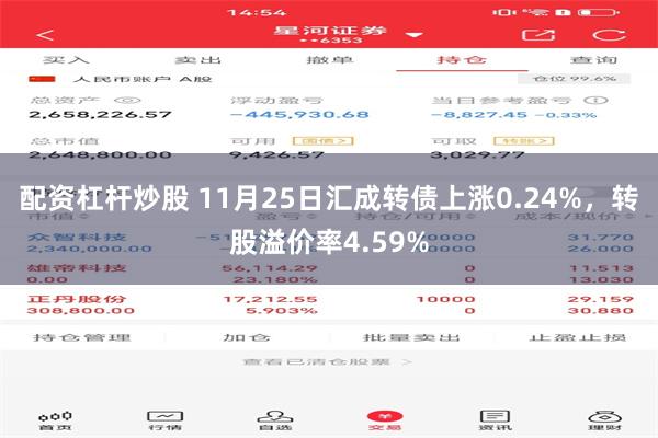 配资杠杆炒股 11月25日汇成转债上涨0.24%，转股溢价率4.59%